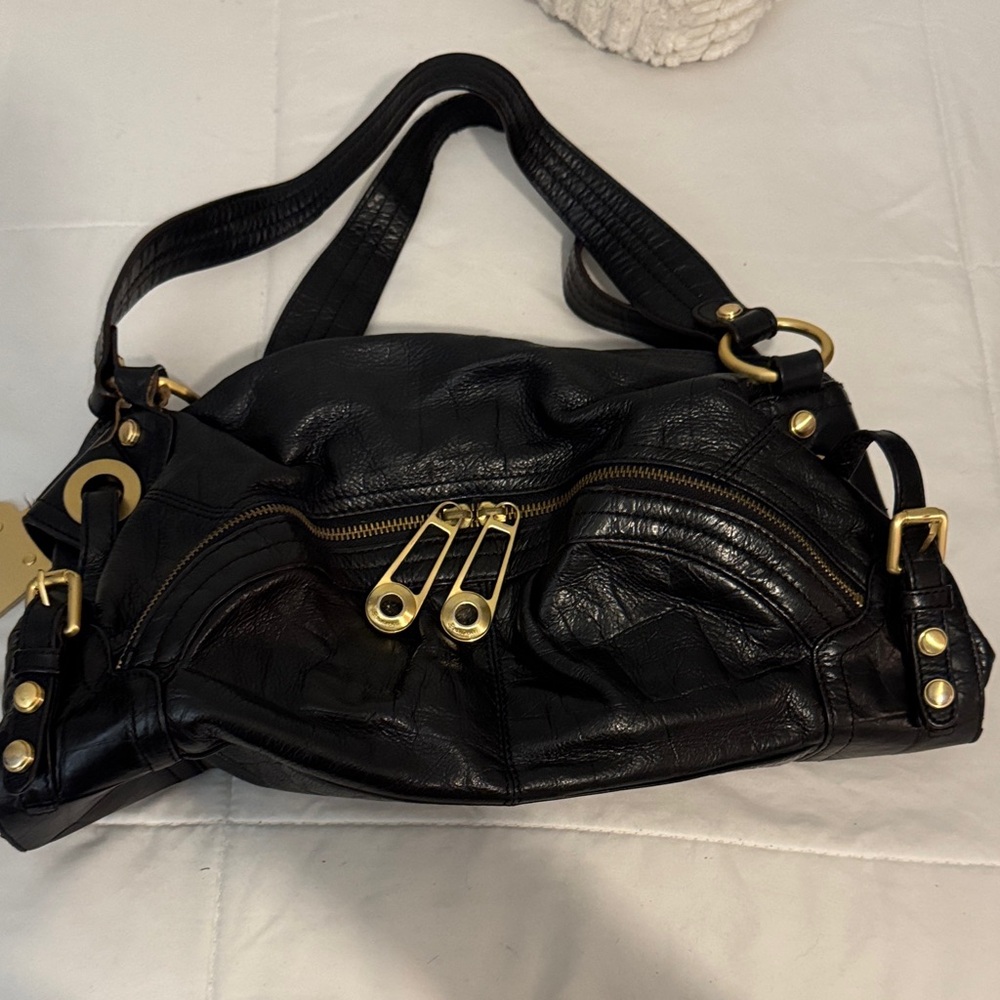 B. Makowsky Black embossed Leather Shoulder Bag with Gold Accents